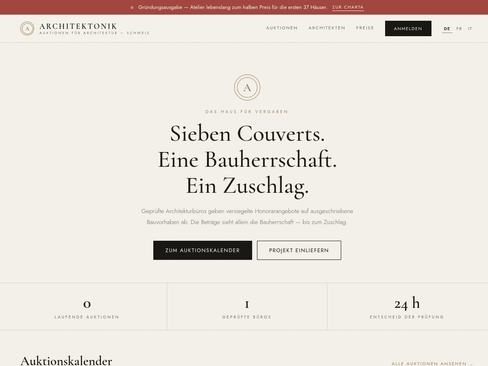 Architektonik – Vergabe-Plattform für Architektur, Website von Isoline Studio