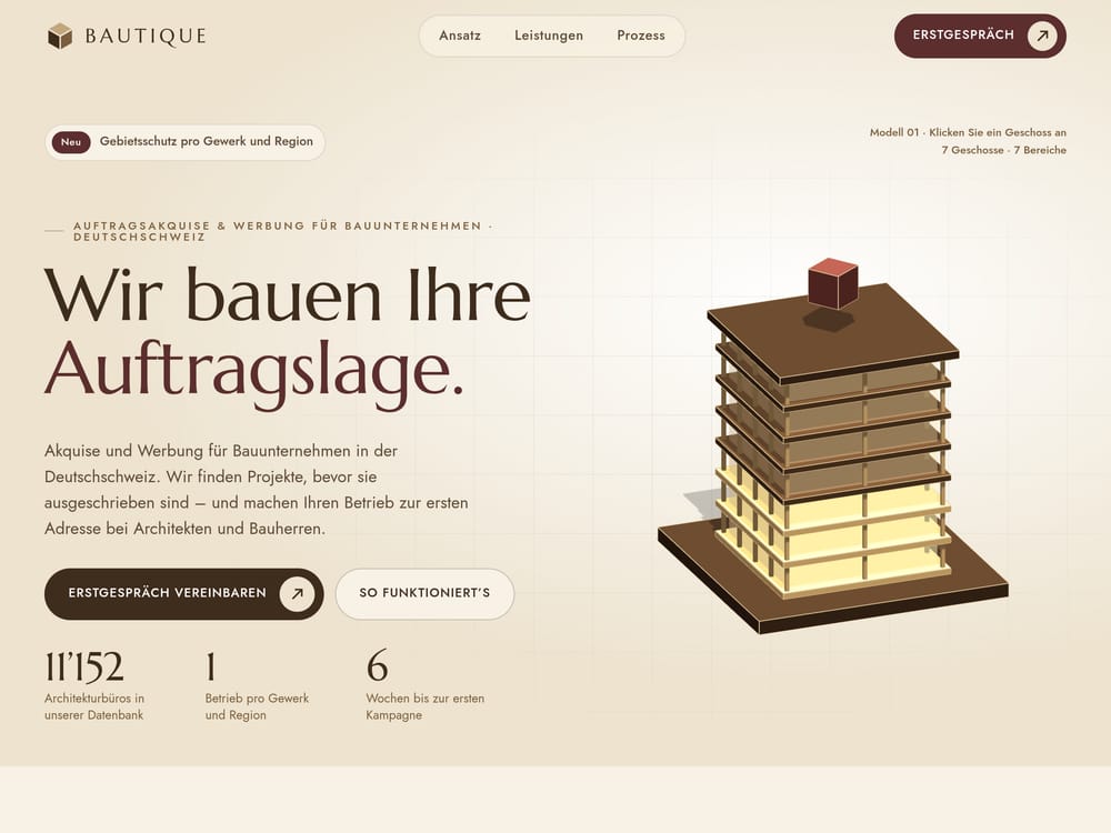 Bautique – Auftragsakquise und Werbung für Bauunternehmen, Website von Isoline Studio