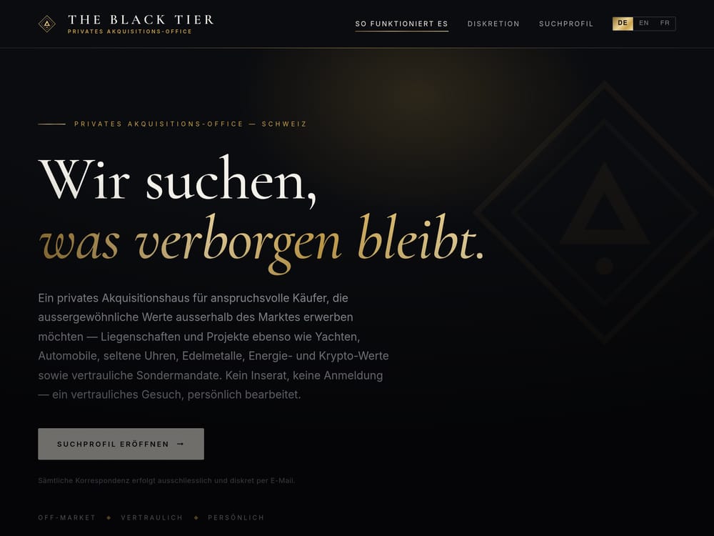 The Black Tier – privates Akquisitions-Office, Website von Isoline Studio