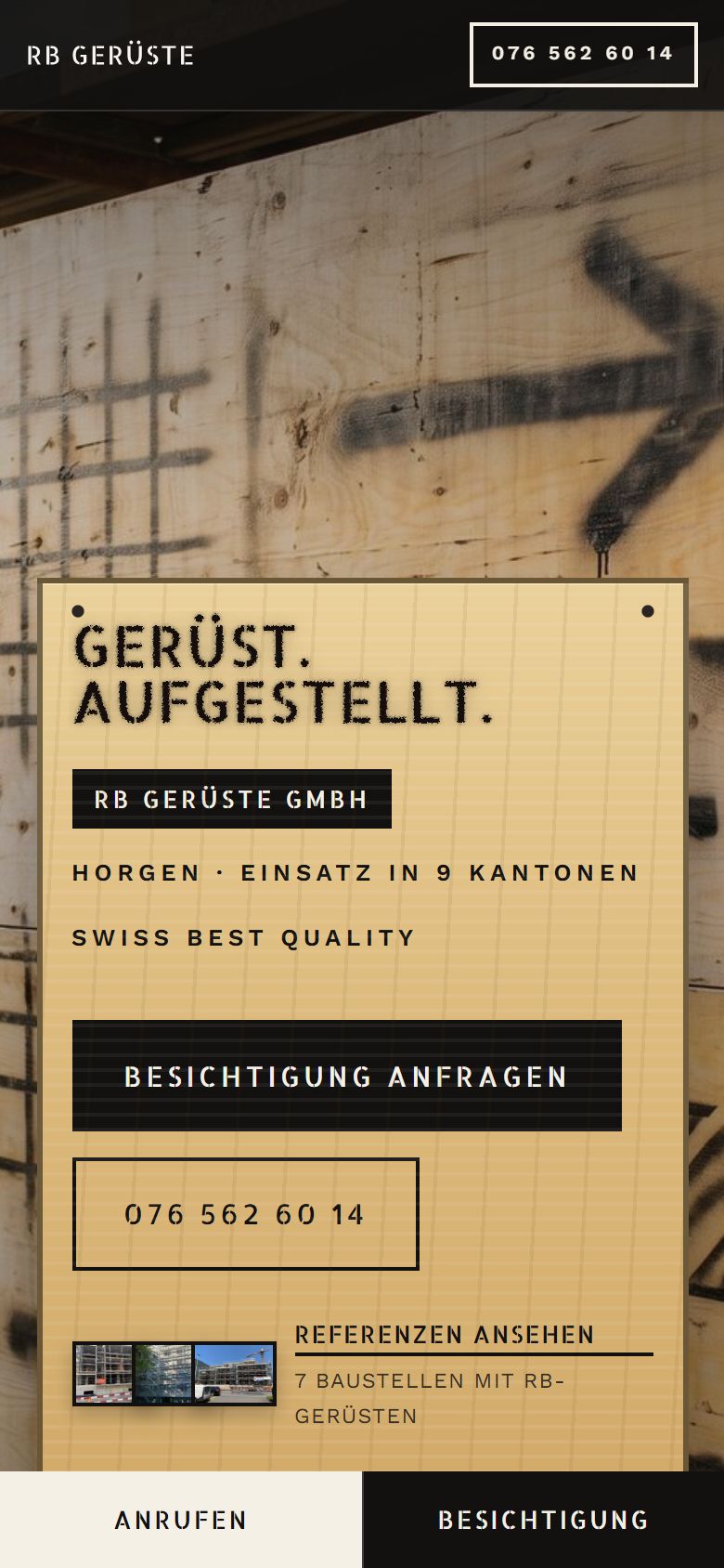 New home page of RB Gerüste, mobile