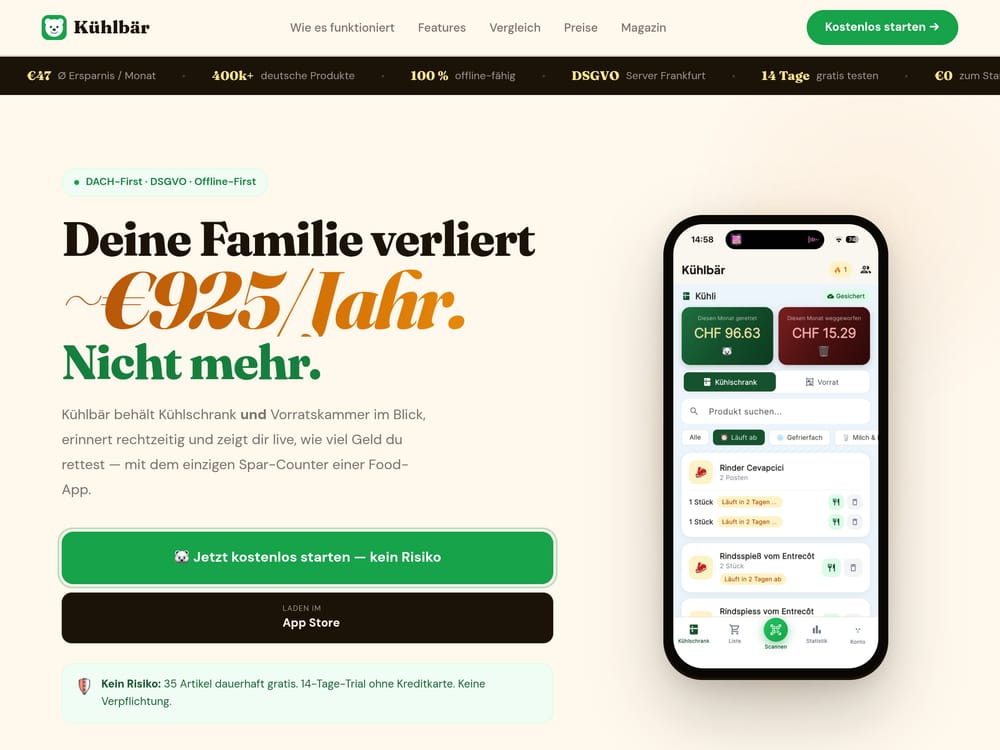 Kühlbär – Vorrats- und Kühlschrank-App gegen Foodwaste, Website von Isoline Studio