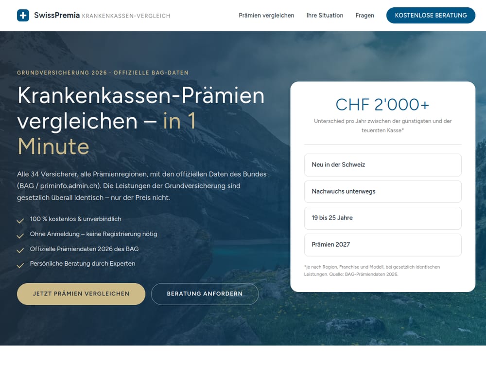 SwissPremia – Krankenkassen-Prämienvergleich, Website von Isoline Studio